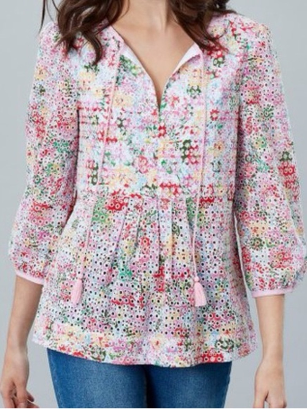 {4} Joules Floral Eyelet Peasant Top - Pink